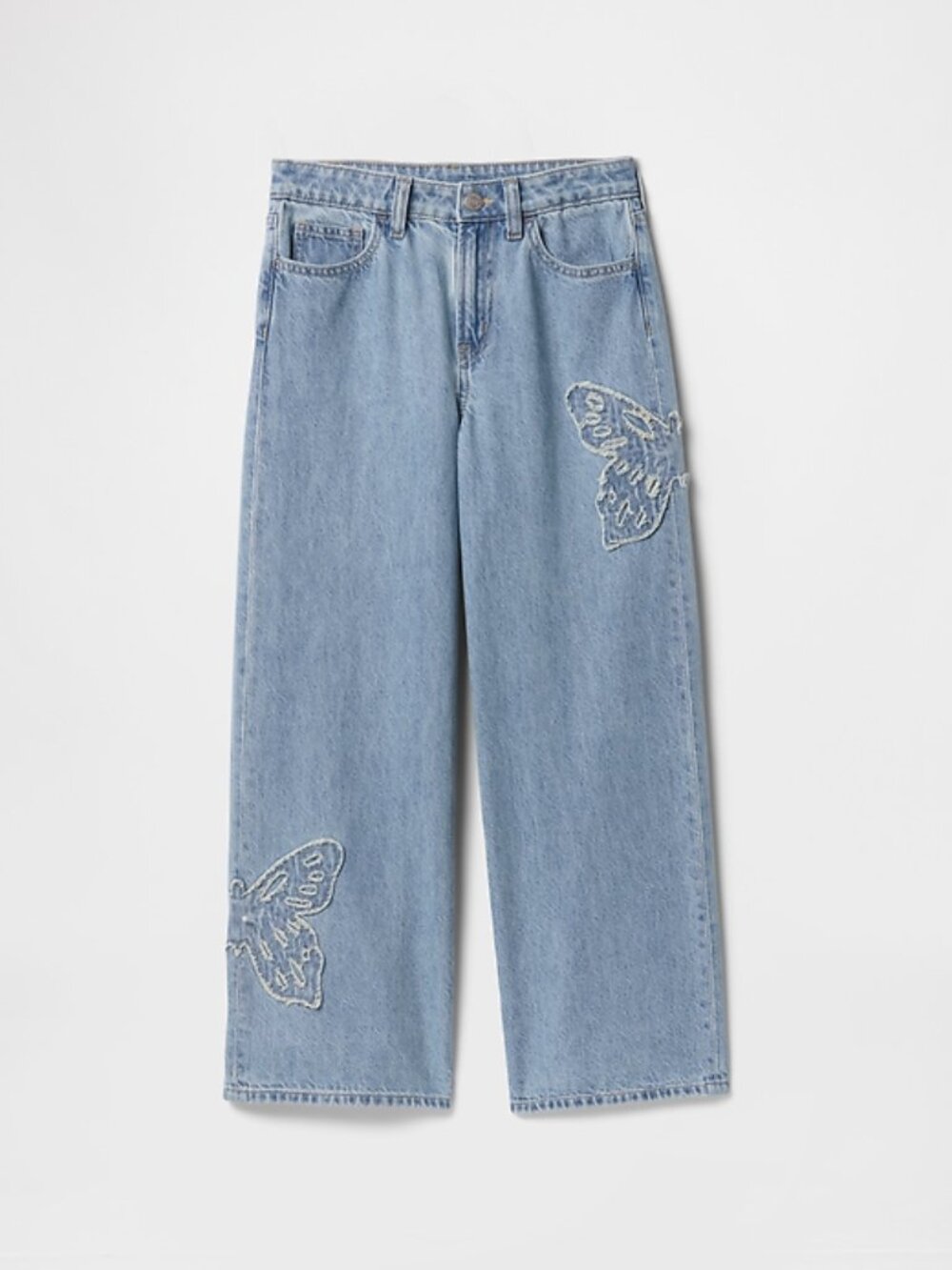GAP Girls High Rise Wide-Leg Light Wash Jeans with Frayed Butterflies - Size 12